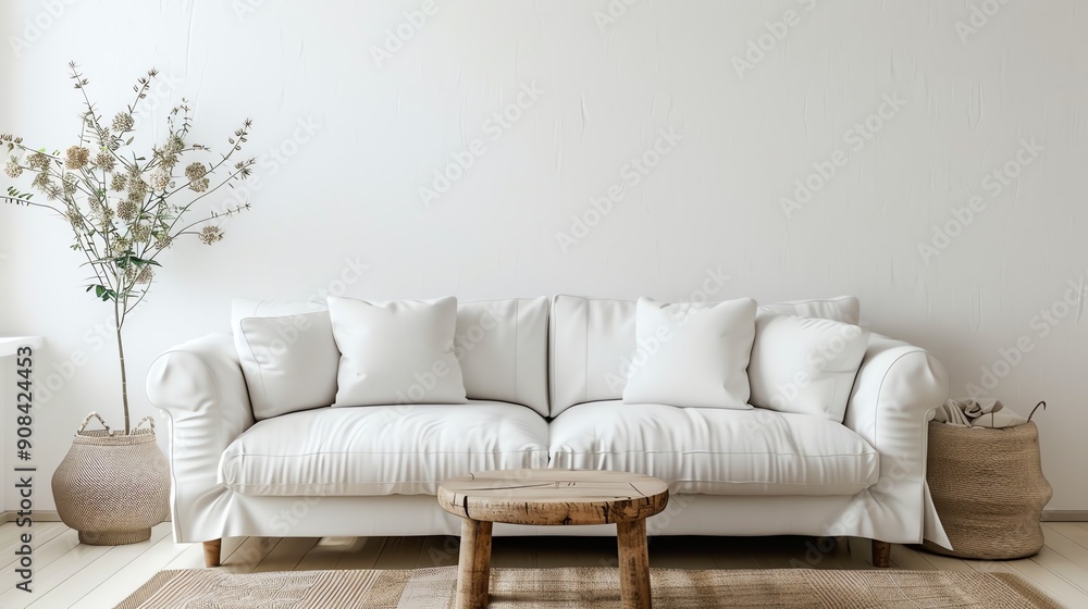 A minimalist living room with a white couch and wooden coffee table. A minimalist living room with a white couch and wooden coffee table.