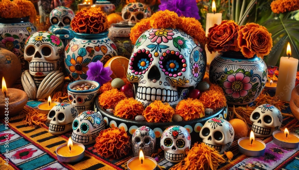 Colorful Sugar Skulls, Marigolds, and Candles on an Altar for D�a de Muertos (Day of the Dead) Celebration Colorful Sugar Skulls, Marigolds, and Candles on an Altar for D�a de Muertos (Day of the Dead) Celebration