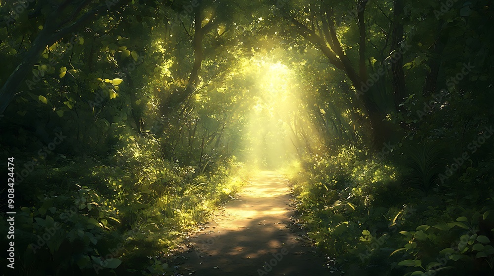 Obraz premium Sunlit Path Through Dense Green Forest Symbolizing a Successful Journey