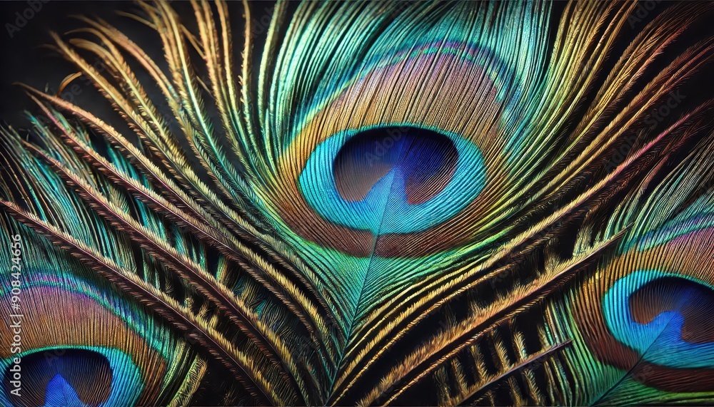 Fototapeta premium Close-up of Vibrant Peacock Feathers with Eye Pattern.