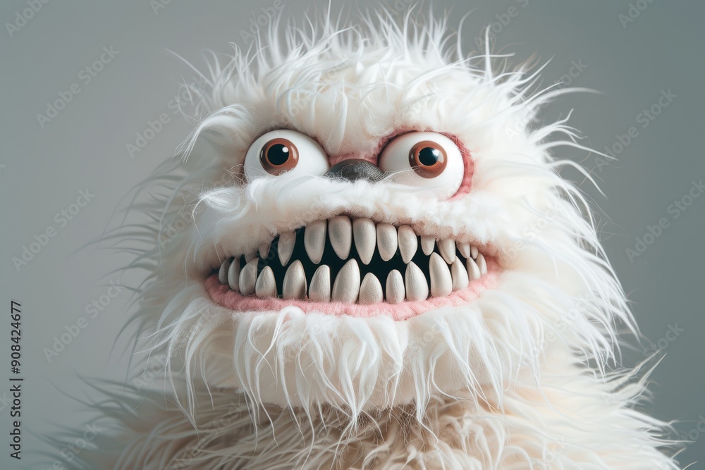 Obraz premium A charming white furry monster puppet with large eyes and sharp teeth, showing a humorous and exaggerated expression. Great for children’s entertainment and puppet shows.