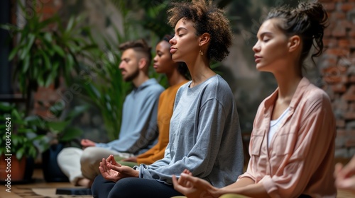 A group of people are meditating in a room with plants and a brick wall in the background.