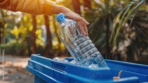 Wallpaper Mural Hand placing a plastic bottle into a blue recycling bin, emphasizing environmental responsibility and sustainability.  Torontodigital.ca