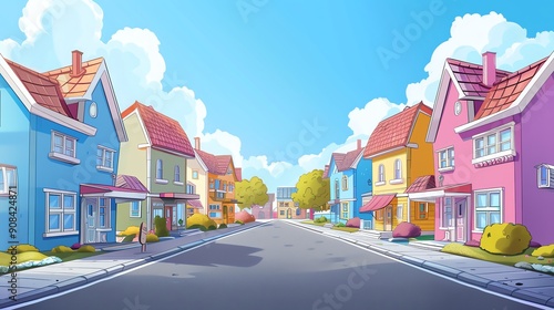 A cartoon illustration of a colorful, suburban street with houses on both sides.