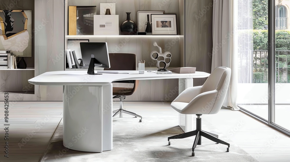 A modern home office with a large desk, black chairs, and a white wall. A modern home office with a large desk, black chairs, and a white wall.