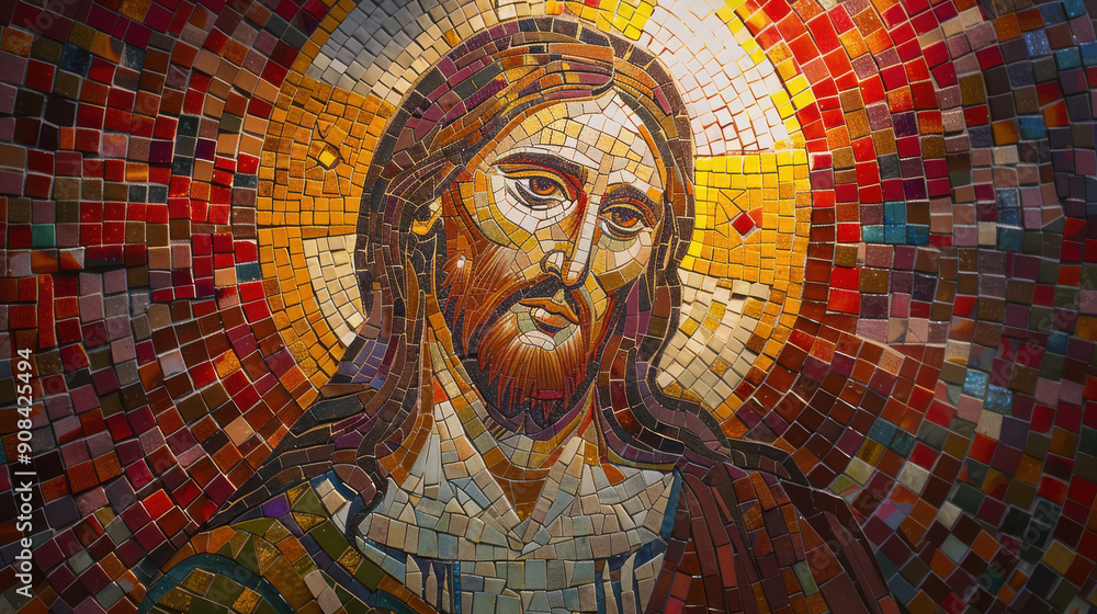 A mosaic of Jesus Christ, gentle and wise expression, with a glowing halo A mosaic of Jesus Christ, gentle and wise expression, with a glowing halo
