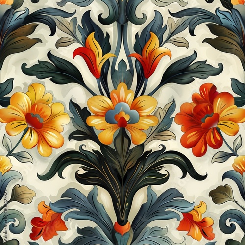 Ornate Floral Pattern in Yellow, Red, and Green