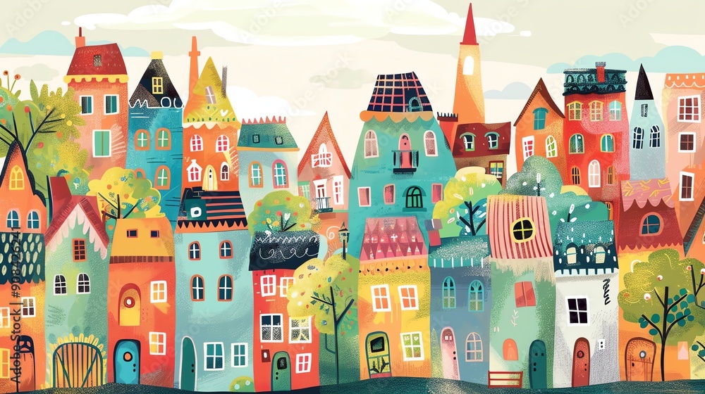 A cartoon illustration of a colorful town with houses and trees. A cartoon illustration of a colorful town with houses and trees.