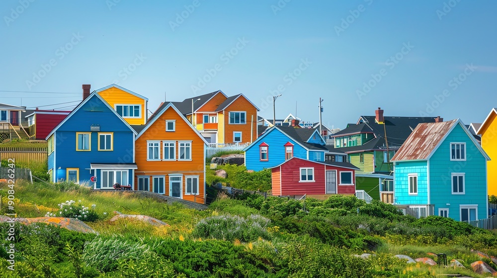 Colorful houses with green grass in front of them. Colorful houses with green grass in front of them.