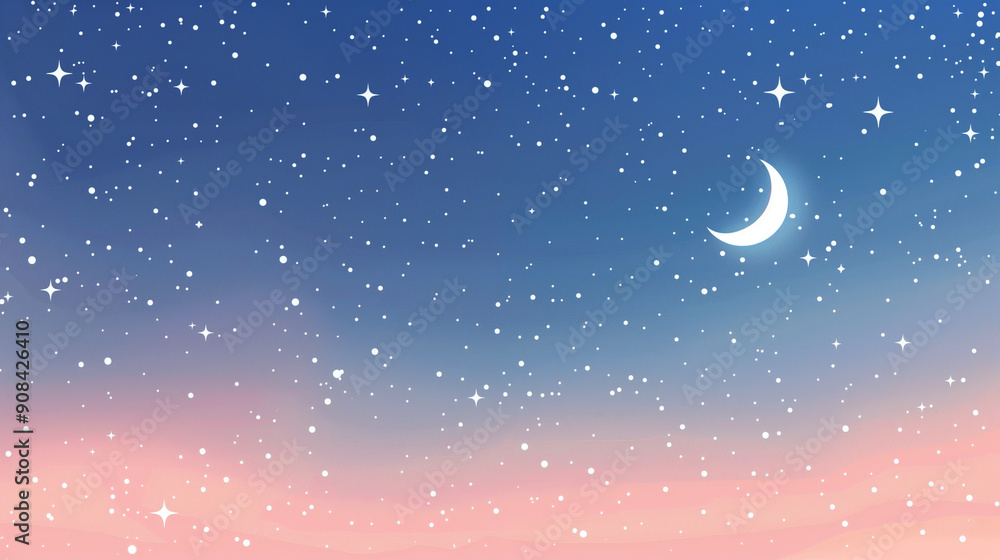 Fototapeta premium Tranquil night sky with a crescent moon and stars above soft pink clouds