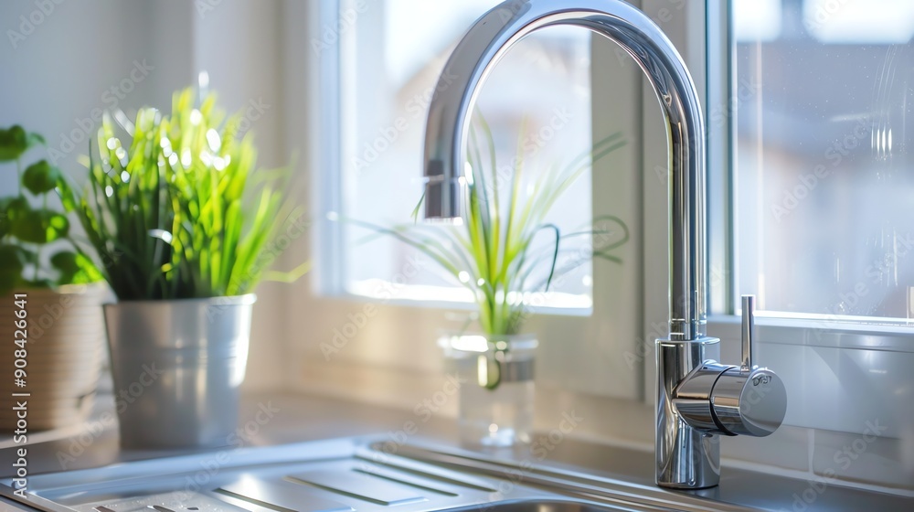 A chrome kitchen faucet with water running from the spout. A chrome kitchen faucet with water running from the spout.