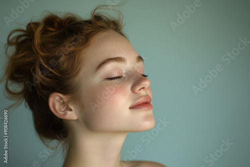 A close up of a girl's face with her eyes closed