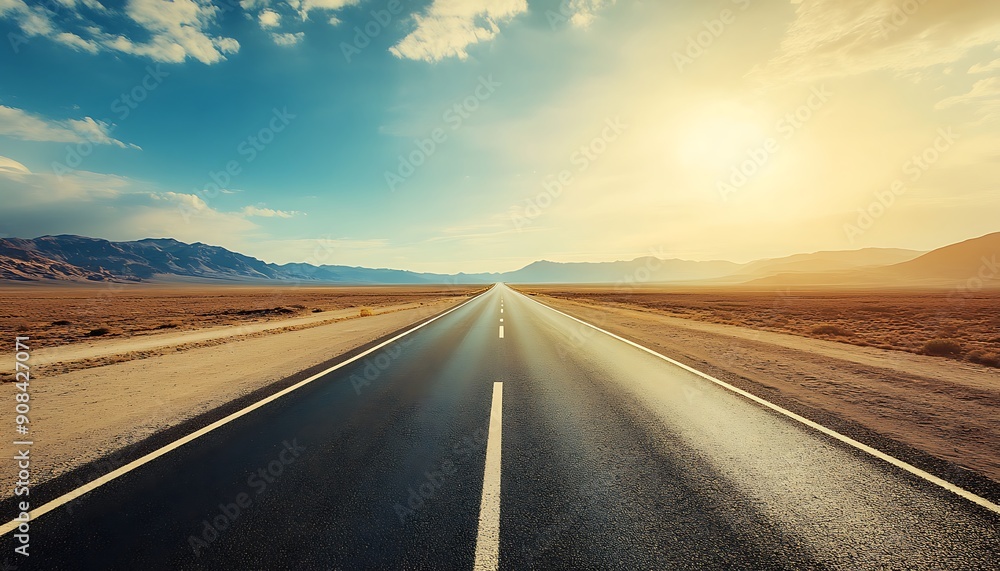 Long Empty Highway in Desert with Bright Sky, Symbolizing a Successful Journey Long Empty Highway in Desert with Bright Sky, Symbolizing a Successful Journey