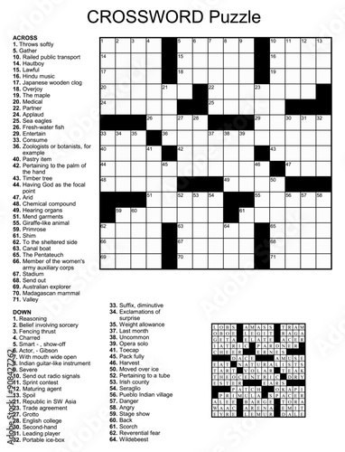 Crossword puzzle game with 15 x 15 squares with clues and solution.