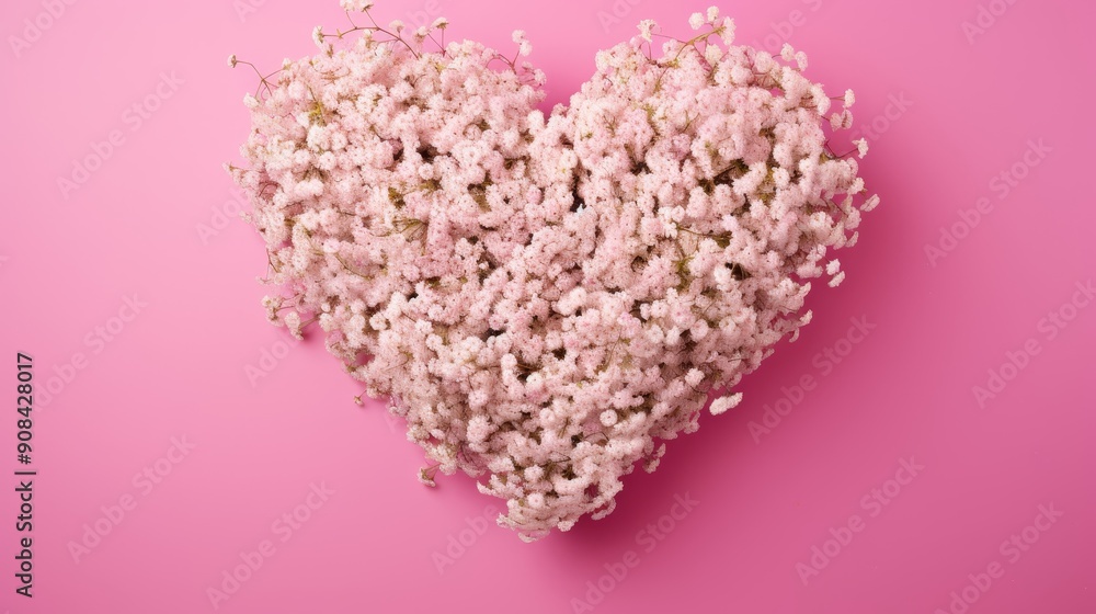 Fototapeta premium Heart-shaped baby's breath on pink background.