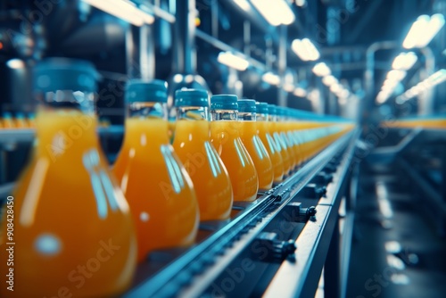 Conveyor belt filled with juice bottles moving through a beverage factory's blue-toned interior, showcasing the efficiency and scale of production.