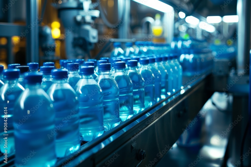 Detailed view of juice bottles on a conveyor belt in a blue-themed beverage factory, showcasing the precision and organization of the production line.