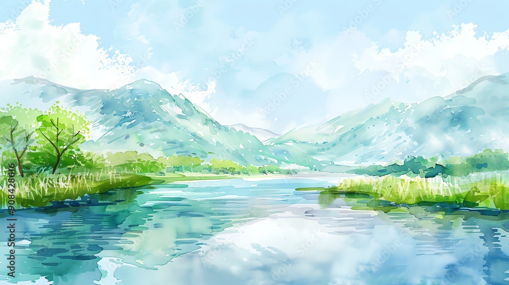 Fototapeta premium A watercolor painting of a lake with mountains and trees in the background.