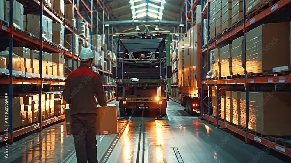 At a retail logistics centre, an employee stacks cardboard boxes into a delivery truck. Online acquisitions At a retail logistics centre, an employee stacks cardboard boxes into a delivery truck. Online acquisitions