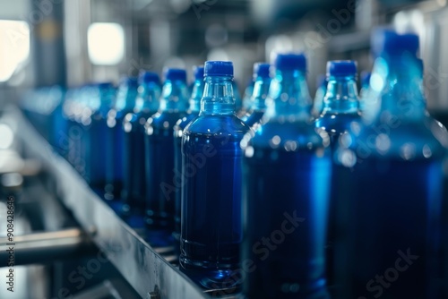 Detailed view of juice bottles on a conveyor belt in a blue-themed beverage factory, showcasing the precision and organization of the production line.