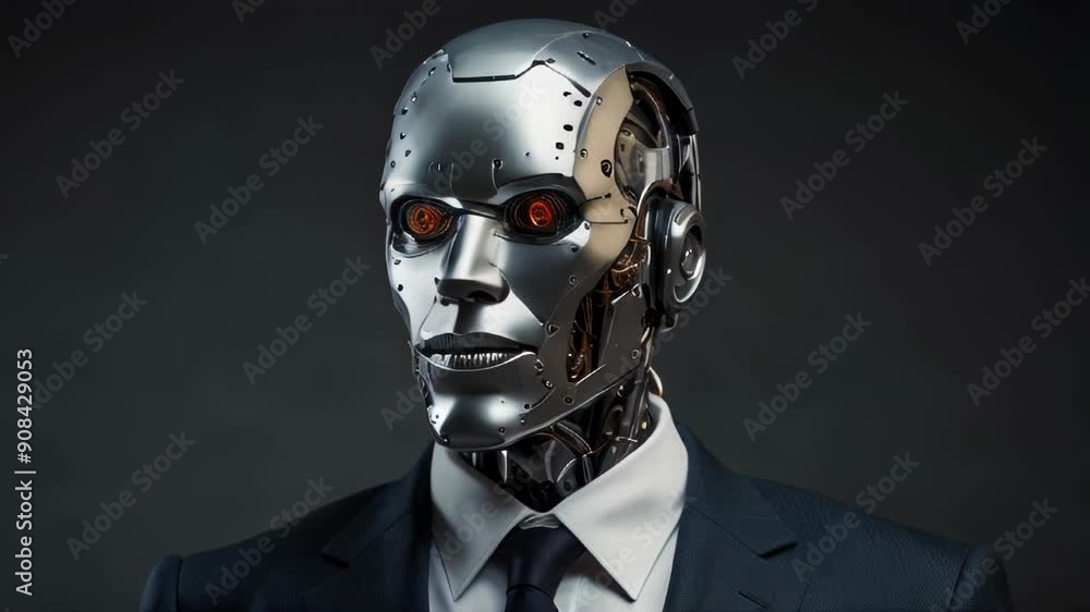A metallic robot with glowing eyes is wearing a business suit and a tie. A metallic robot with glowing eyes is wearing a business suit and a tie.