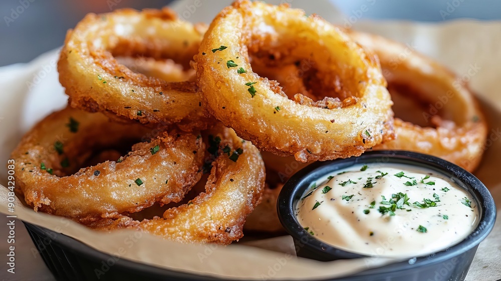 Crispy onion rings with a side of ranch dressing, pub food, deepfried goodness Crispy onion rings with a side of ranch dressing, pub food, deepfried goodness