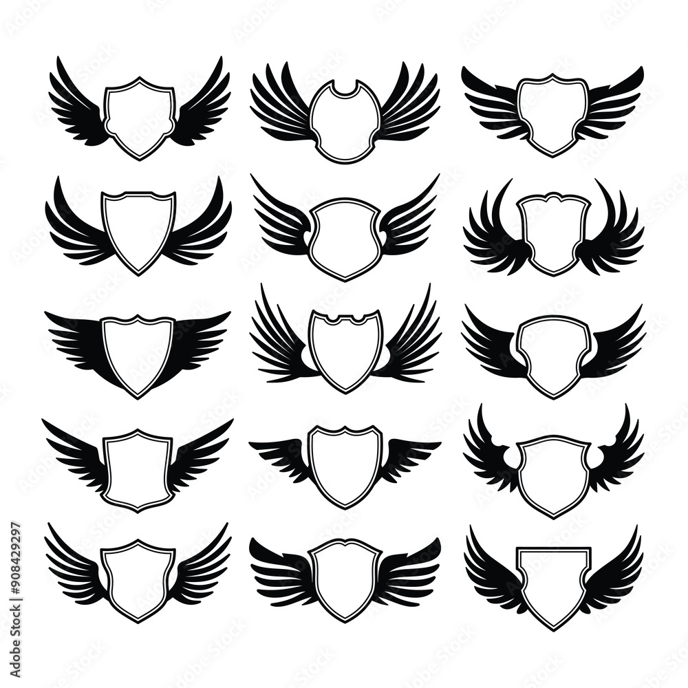 Set of shield with wings vector Set of shield with wings vector