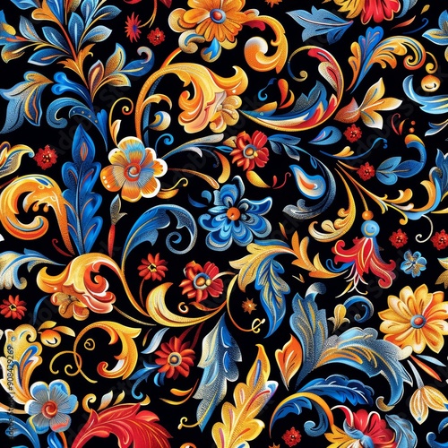 Ornate Floral Pattern with Yellow, Blue, and Red