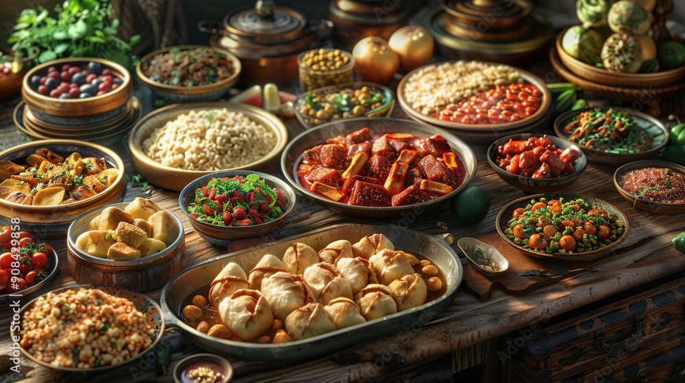 A Table Full of Delicious Food: A 3D Illustration of a Feast A Table Full of Delicious Food: A 3D Illustration of a Feast