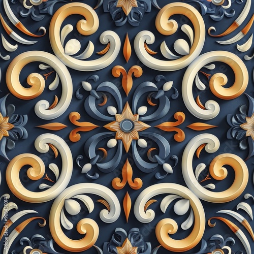 Ornamental Design in White, Orange, and Blue