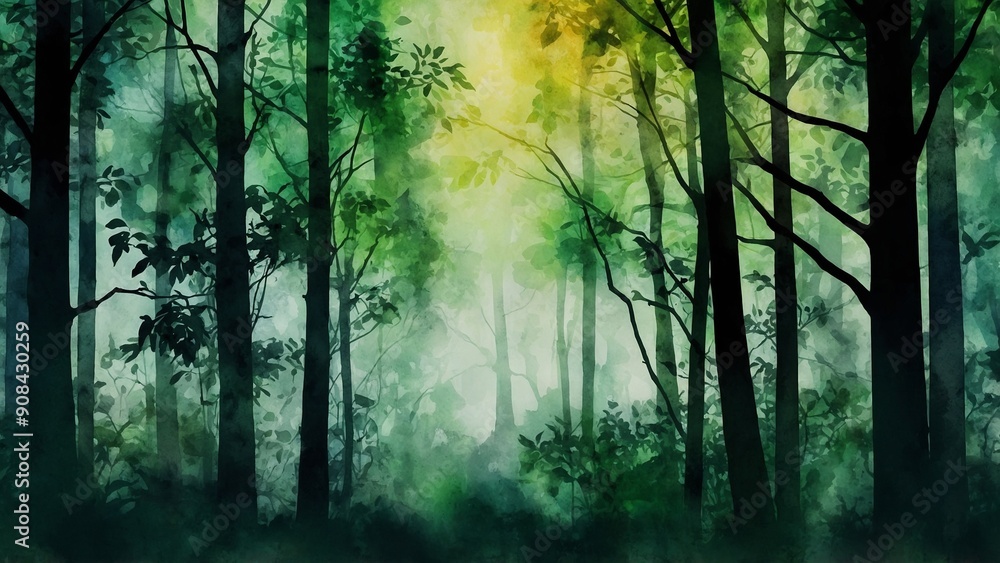 Fototapeta premium Green grunge bokeh watercolor tree silhouette background