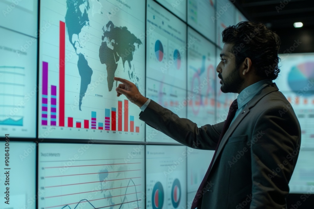 Indian businessman in a suit leading a presentation in a modern conference room, pointing at a large screen displaying charts and graphs. Indian businessman in a suit leading a presentation in a modern conference room, pointing at a large screen displaying charts and graphs.