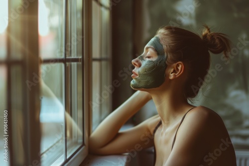 Woman with a clay mask on her face, standing by a window, gently stretching her arms, basking in the natural light of a peaceful morning. photo