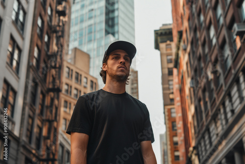 arafed man in black shirt and hat standing in a city photo