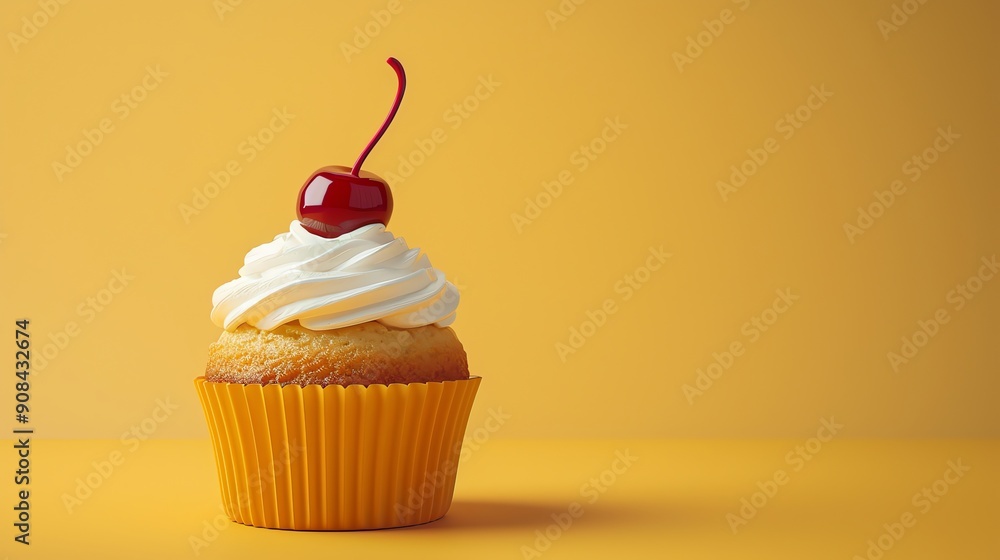 A single cupcake with white frosting and a red cherry on top. A single cupcake with white frosting and a red cherry on top.