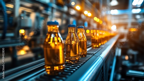 Bottles moving on a conveyor belt in a factory.