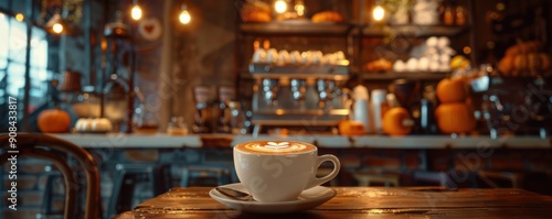 A white coffee cup sits on a wooden table in a coffee shop. The shop is filled with various items, including a chair, a dining table, and a few cups and bowls. The atmosphere is cozy and inviting