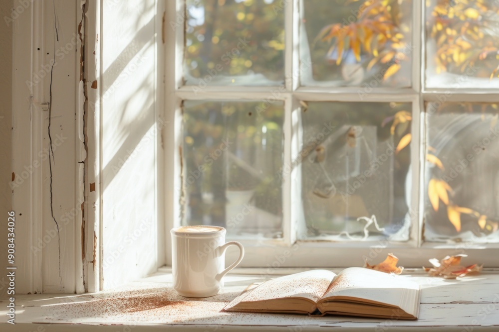 A white mug with coffee sits on a table next to an open book. The book is on a wooden table and the sunlight is shining through the window, creating a warm and cozy atmosphere A white mug with coffee sits on a table next to an open book. The book is on a wooden table and the sunlight is shining through the window, creating a warm and cozy atmosphere