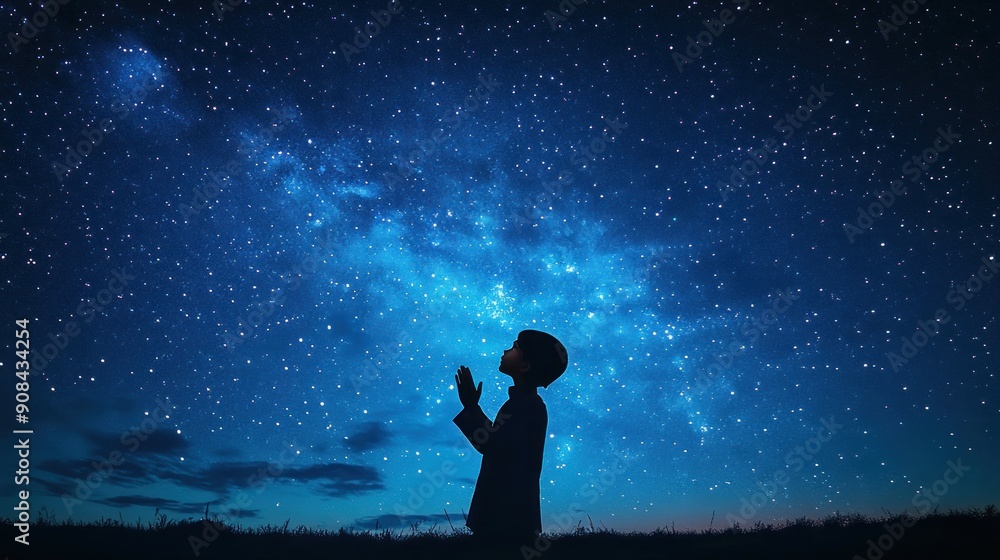 Fototapeta premium Silhouette of a Muslim boy in traditional clothing, praying under a starry night sky His hands are raised towards the stars, symbolizing a connection with the divine The dark, expansive sky provides