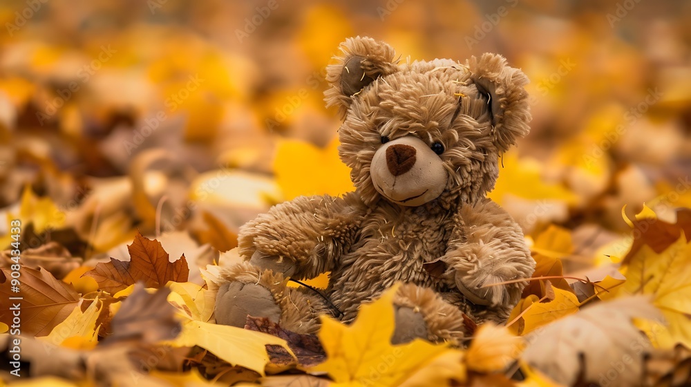 A brown teddy bear sitting in yellow leaves which has taken during autumn A brown teddy bear sitting in yellow leaves which has taken during autumn
