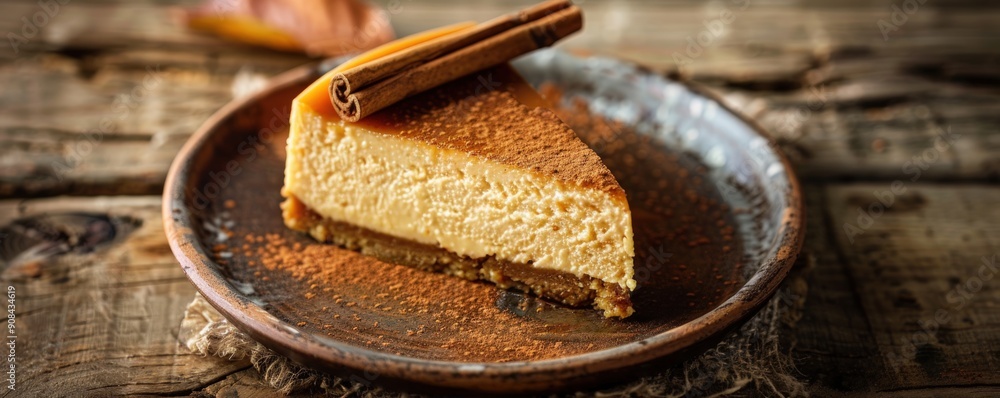 A slice of cheesecake with cinnamon on top. The plate is on a wooden table. The dessert looks delicious and inviting A slice of cheesecake with cinnamon on top. The plate is on a wooden table. The dessert looks delicious and inviting