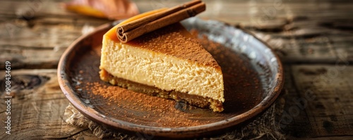 A slice of cheesecake with cinnamon on top. The plate is on a wooden table. The dessert looks delicious and inviting