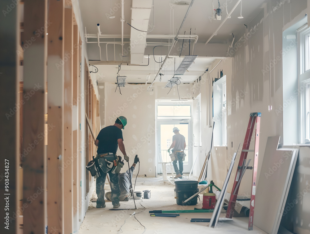 © domi002 - A team of electricians installing wiring and fixtures in a commercial building with yellow walls. © domi002 - A team of electricians installing wiring and fixtures in a commercial building with yellow walls.