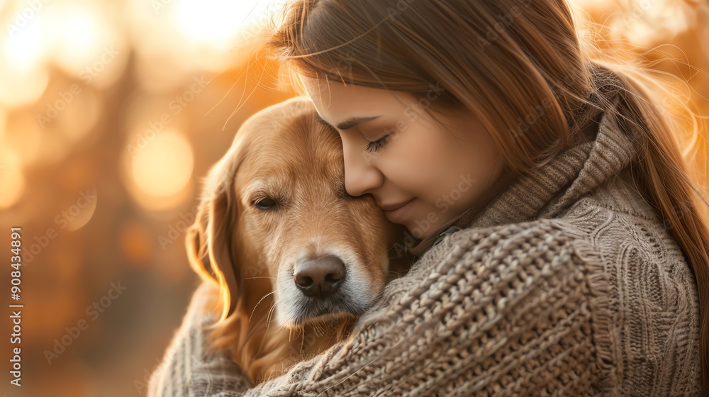 A woman lovingly hugging her golden retriever. A woman lovingly hugging her golden retriever.