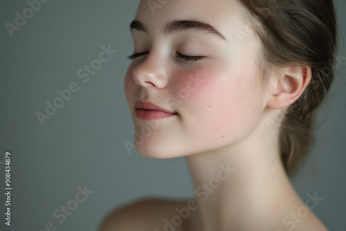 A close up of a girl's face with her eyes closed