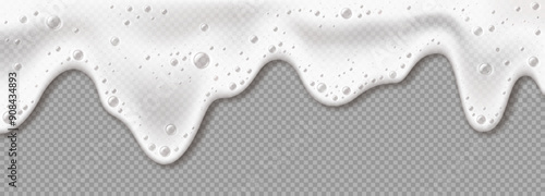 Foam of body care cosmetics realistic vector illustration. Skin washing product. Shampoo froth leaking 3d object on transparent background
