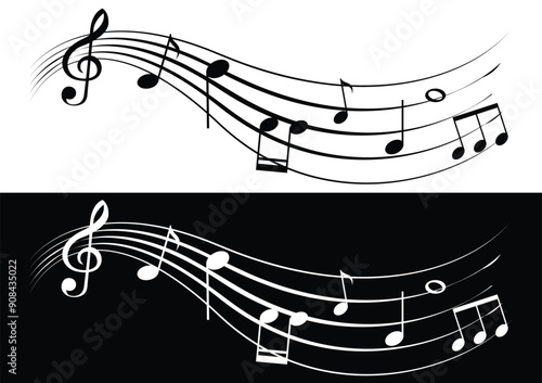 
Musical note wave. Music notes  melody or tune line or flat vector isolated on white background. Sheet music notes of tune bass and treble.Musical key trendy style symbol design element. 