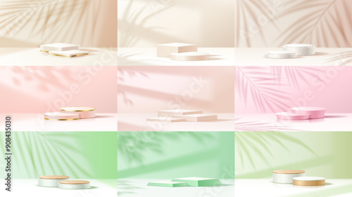 Empty podiums with palm tree leaves shadows realistic vector illustration set. Product presentation displays 3d objects on color background