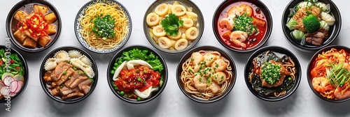 Assortment of Asian Noodle Bowls with Seafood, Meat and Vegetables, Photo