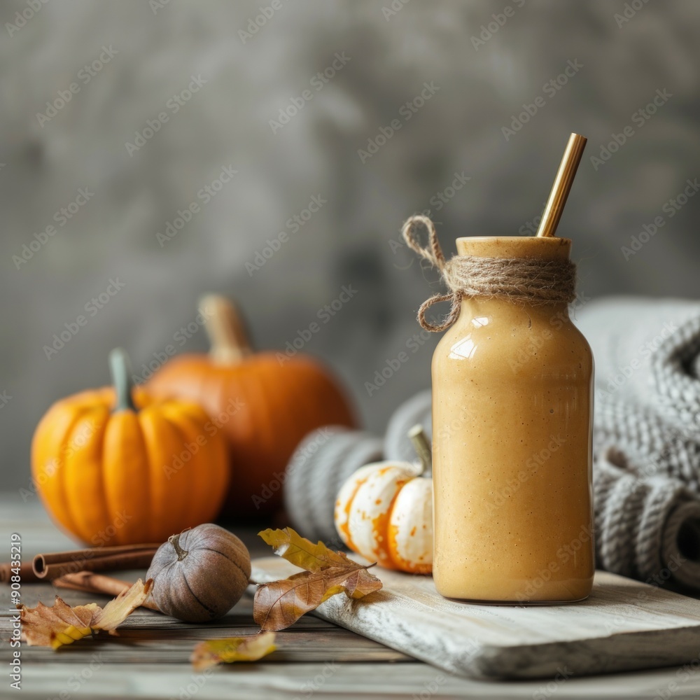 A bottle of orange juice is on a table with a bunch of pumpkins and leaves. The scene has a warm and cozy feeling, with the orange juice and pumpkins creating a sense of autumn A bottle of orange juice is on a table with a bunch of pumpkins and leaves. The scene has a warm and cozy feeling, with the orange juice and pumpkins creating a sense of autumn